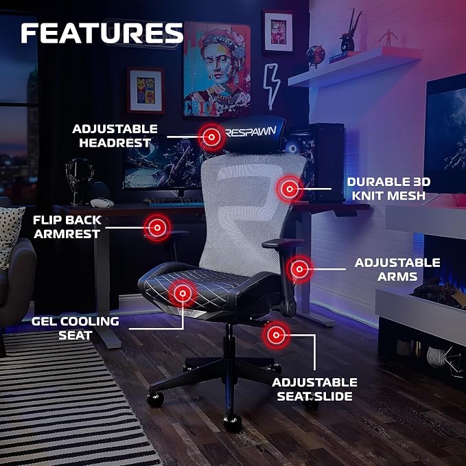 RESPAWN SPIRE Ergonomic Office Chair with Lumbar Support, Headrest, Adjustable Arms and Cooling Gel Seat Cushion, Comfy Breathable Mesh Seat for Home Office, High Back Reclining Gaming Chair - Black