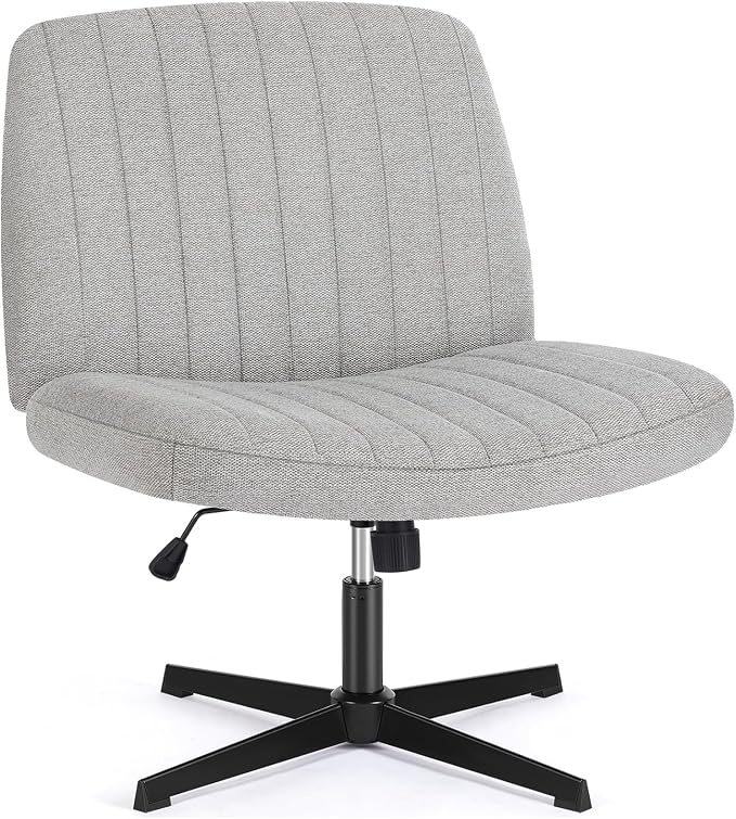 DUMOS Criss Cross Chair No Wheel Legged Office Wide Comfy Desk Vanity Chair, Armless Computer Task Seating PU Leather, Swivel Home Height Adjustable for Bedroom, Study, Grey No Wheel