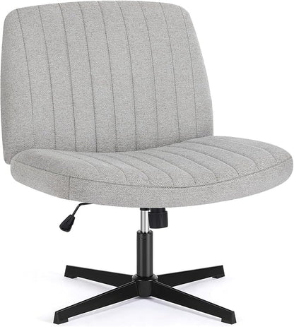 DUMOS Criss Cross Chair No Wheel Legged Office Wide Comfy Desk Vanity Chair, Armless Computer Task Seating PU Leather, Swivel Home Height Adjustable for Bedroom, Study, Grey No Wheel