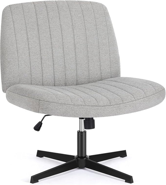 DUMOS Criss Cross Chair No Wheel Legged Office Wide Comfy Desk Vanity Chair, Armless Computer Task Seating PU Leather, Swivel Home Height Adjustable for Bedroom, Study, Grey No Wheel