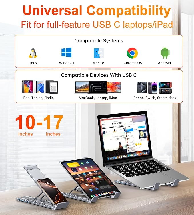 Mukiya 5-in-1 USB C Hub Adjustable Aluminum Laptop Stand, 4-Port USB A 3.0 with 5Gbps Data Transfer USB C Hub Docking Station [Charging Not Supported] for MacBookPro/Air/Dell/HP/Lenovo
