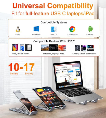 Mukiya 5-in-1 USB C Hub Adjustable Aluminum Laptop Stand, 4-Port USB A 3.0 with 5Gbps Data Transfer USB C Hub Docking Station [Charging Not Supported] for MacBookPro/Air/Dell/HP/Lenovo