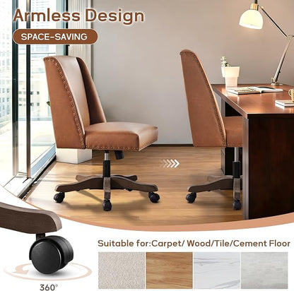 Zihanhome Armless Office Chair with Wooden Legs, Modern Adjustable Home Office Chair Computer Chair Swivel Chair for Home Office Study Studio (PU Brown)