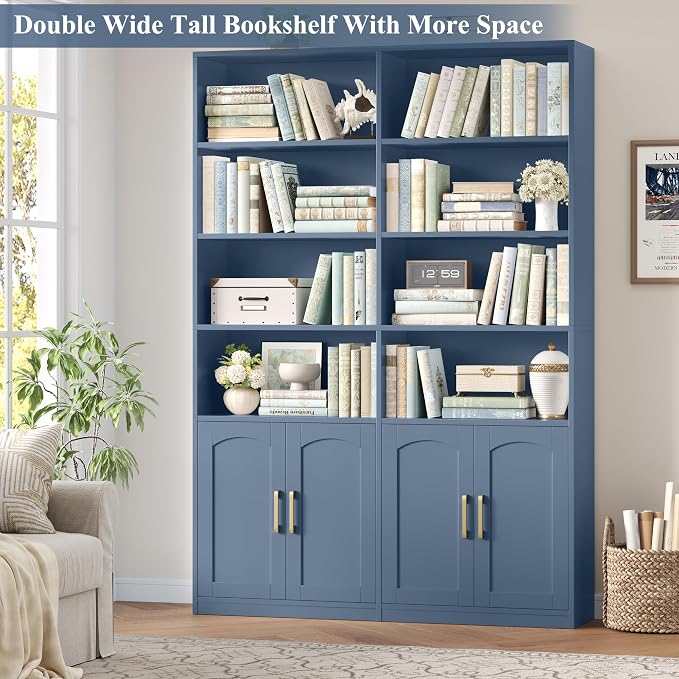FACBOTALL Bookshelf and Bookcase with Doors, 6 Tier Double Wide Large Bookshelves, Open Display Shelves, 73'' Tall Bookshelf with Storage Cabinets for Home Office, Living Room, Library, Blue