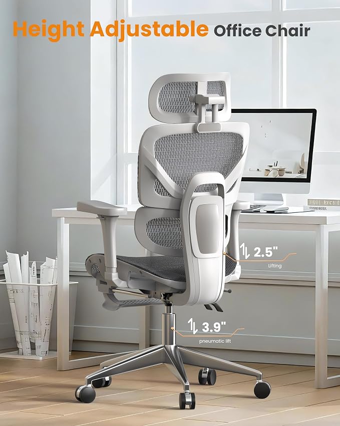naspaluro Ergonomic Office Chair, High Back Mesh Desk Chair, 350lbs Capacity, Lumbar Support, 3D Armrest Headrest, Footrest, PU Wheels, Swivel Computer Chair for Home Office, Work & Gaming