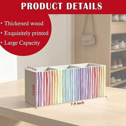 Boho Rainbow Striped Pen Pencil Holder Organizer for Office Classroom Desk Decor Accessories, Watercolor Colorful Rainbow Wood Signs Makeup Brush Toothbrush Holder for Bathroom Vanity