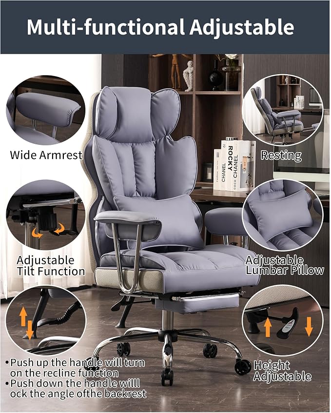 Efomao Big and Tall Office Chair 440LBS, Purple Heavy Duty Executive Chair with Footrest, Ergonomic Desk Chair for Home Office, Wide Computer Chair | 400lbs support, 135° recline, dual-layer foam cushion, 23.5" seat & footrest. BIFMA