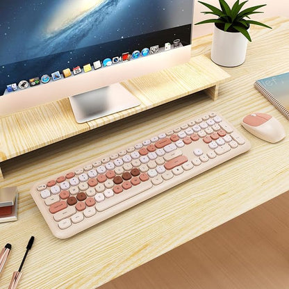 Wireless Keyboard and Mouse Combo, Cute Brown Retro Typewriter Keyboard with Number Pad, 2.4GHz USB Receiver + Type-C Adapter, Plug and Play for Laptop, Desktop, PC, Chromebook