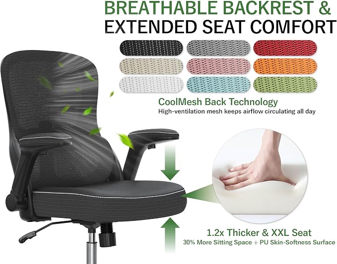 Ergonomic Office Chair - Desk Chair with Adjustable Lumbar Support Computer Chair - Mesh Comfy Chair with Flip-up Armrests - Gaming Chairs for Adults Home Office (Leather, Black)