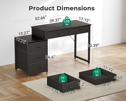 ODK Computer Desk with 5 Drawers, 53 Inch Office Desk with Printer Shelf, Reversible Gaming Desk for Home Bedroom, Writing Table Desk with for Storage, Black