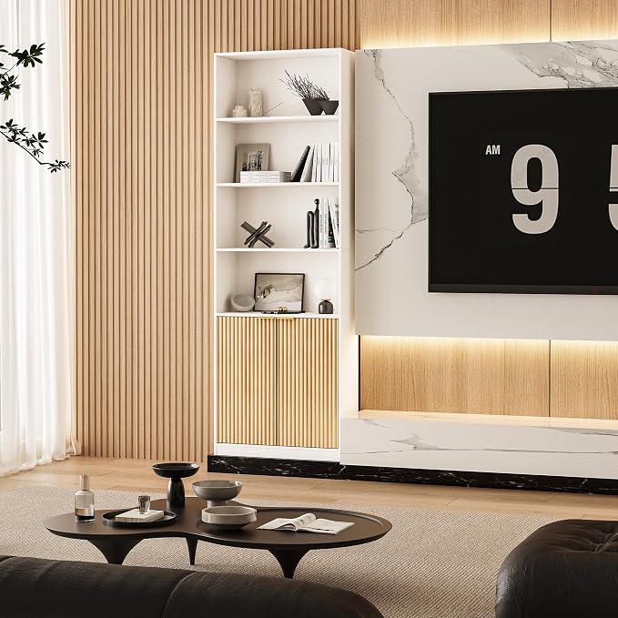 INNOD 69" Tall Book Shelve Bookcases with Doors, Floor Standing 6 Shelf Display Shelves, Freestanding Shelving Unit with Closed Doors for Storage, Home Decor Furniture for Living Room Home Office