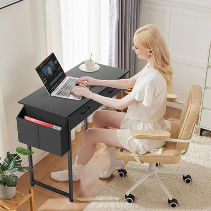 OLIXIS 32 Inch Small Desk with Fabric Drawers for Home Office, Gaming Computer Desk with Side Bag & Headphone Hook, Writing Study Work Table for Bedroom Small Space, Sleek Black