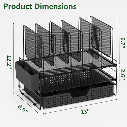 LEKETREE Desk Organizer, Office Organization with Vertical File Holder, File Organizer with Drawer and Pen Holder, Desk Accessories and Workspace Organizers for Home Office (Black)