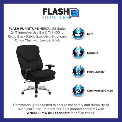 Flash Furniture Hercules Series Swivel Office Chair with Extra Wide Seat, Ergonomic High-Back Executive Chair with Padded Seat and Arms, Black