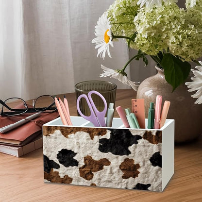 DILSJ Western Cow Print Pen Pencil Holder Organizer for Desk, Cow Lovers Gifts for Women Men, Rustic Country Western Cowhide Wooden Box Signs for Home Office Desk Tabletop Decoration