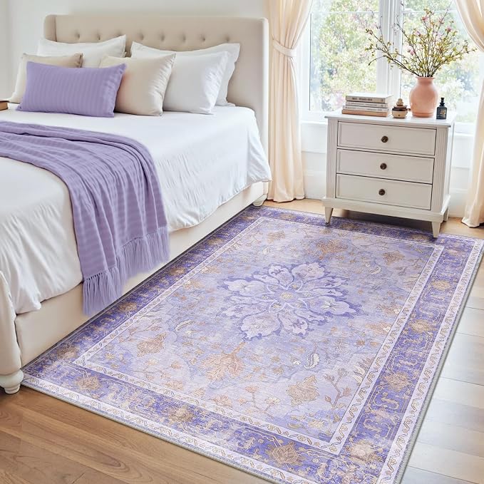 RELEANY Area Rugs 4'x5' Washable Non-Slip, Floral Vintage Distress Medallion Carpet for Living Room Bedroom Dining Room, Light Purple Brown
