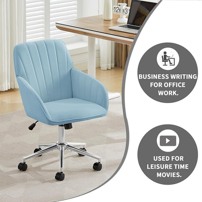 Velvet Home Office Desk Chair, Modern Cute Computer Task Chair with Back, Height Adjustable Upholstered Vanity Chair with Swivel Wheels for Women, Girls (Silver Base, Light Blue