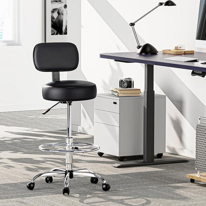 SUPERJARE Drafting Chair with Back, Adjustable Foot Rest Rolling Stool, Multi-Purpose Office Desk Chair, Thick Seat Cushion for Home Bar Kitchen Shop - Black