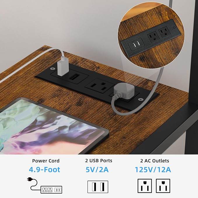 Lerliuo Printer Stand with Charging Station and USB Ports, Large 3-Tier Mobile Printer Table with Storage Shelf, Brown Rolling Industrial Printer Cart with Lockable Wheels for Home Office