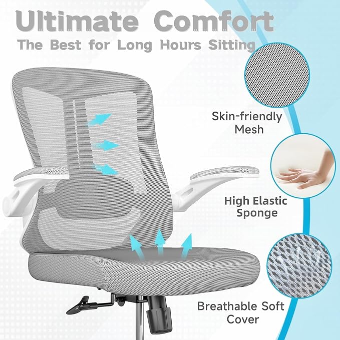 Ergonomic Office Chair - 350LB Comfy Desk Chairs with Lumbar Back Support, Mesh Computer Chairs with Wheels and Arms for Home Office, Study (Gray-Without Headrest)