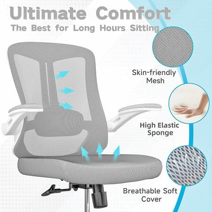 Ergonomic Office Chair - 350LB Comfy Desk Chairs with Lumbar Back Support, Mesh Computer Chairs with Wheels and Arms for Home Office, Study (Gray-Without Headrest)