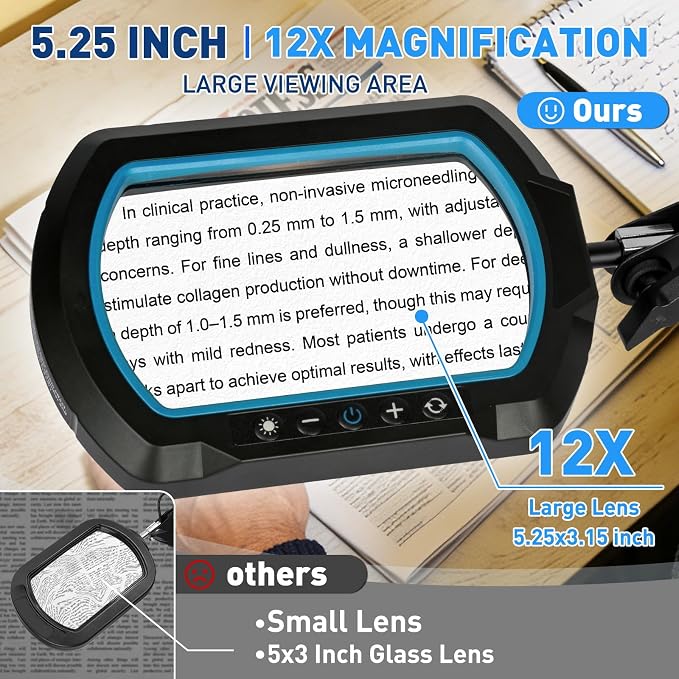 HITTI 12X Square Magnifying Glass with Light and Clamp, Hands-Free Lighted Stand with Ultra Long 3-Section Arm | 5 Color Modes & Stepless Dimming LED Desk Lamp for Workbench,Modelling,Puzzle-Blue