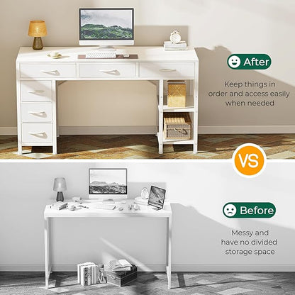 Huuger Computer Desk with 6 Drawers, Office Desk with Shelves, Reversible Gaming Desk, Corner Desk with Storage, Work for Home Office, Study, Living Room, 47inch, White