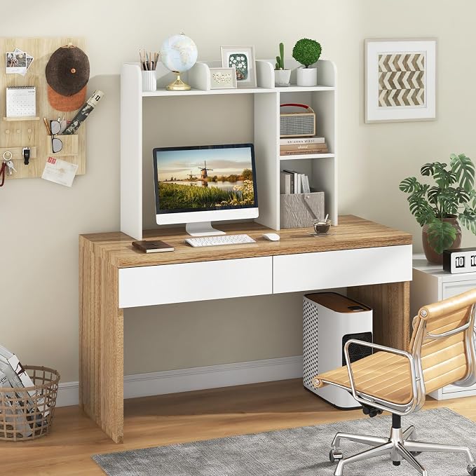 GOFLAME 5 Shelves Desktop Bookshelf, Wood Desk Hutch Dorm for Computer Desk, Countertop Display Rack, 3-Tier Desk Storage Organizer Shelf for Dormitory, Home Office, Study, White