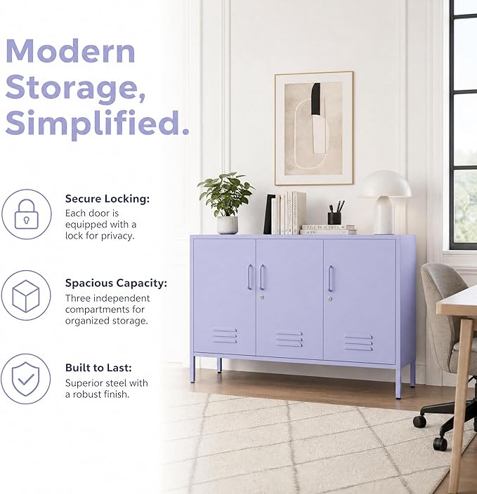 Purple Wide 3-Door Accent Cabinet, Lockable Metal Sideboard with Adjustable Shelves, Multifunctional Cabinet for Home Living Room Kitchen Bedroom