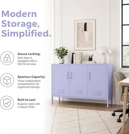 Purple Wide 3-Door Accent Cabinet, Lockable Metal Sideboard with Adjustable Shelves, Multifunctional Cabinet for Home Living Room Kitchen Bedroom