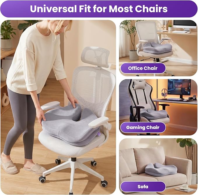 ZZ-WELL Seat Cushions for Office Chairs, Coccyx Cushion for Tailbone Pain, Memory Foam Butt Pillows for Long Sitting, Patented Pressure Relief Design, Extra Large & Thick, 21.2 Inches (Light Grey)