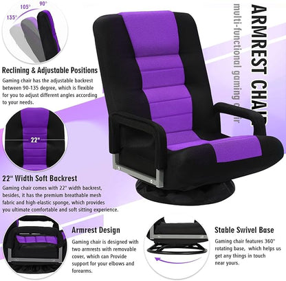 Swivel Floor Gaming Chair w/Armrests,Folding Video Reclining Sofa w/6 Adjustable Position, Padded Backrest & Cushion, Lazy Lounger Couch for E-Sports, Reading, Relaxing, Watching TV, Purple
