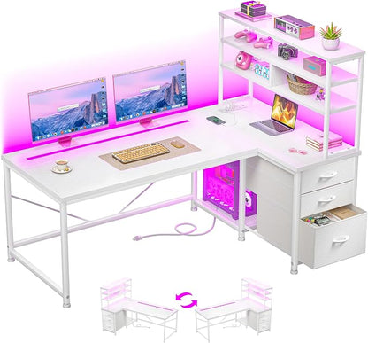 55''L Shaped Desk White Desk with 3 Fabric Drawers & Shelf, 55 Inch Computer Gaming Desk with Remote LED Lights, Power Outlet and PC Stand of Corner Desk for Home Office,Vanity Desk for Bedroom,White