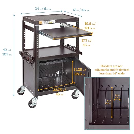 ECR4Kids Mobile AV Presentation Media Stand and 12-Bay Charging Cart, Technology Trolley, Black
