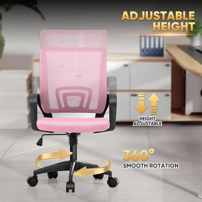 Magshion Ergonomic Office Desk Chair, Mid-Back Mesh Computer Chair, Swivel Chair with Breathable Backrest & Lumbar Support, Adjustable Height for Gaming, Work, Study, 300 Lbs Capacity, Pink