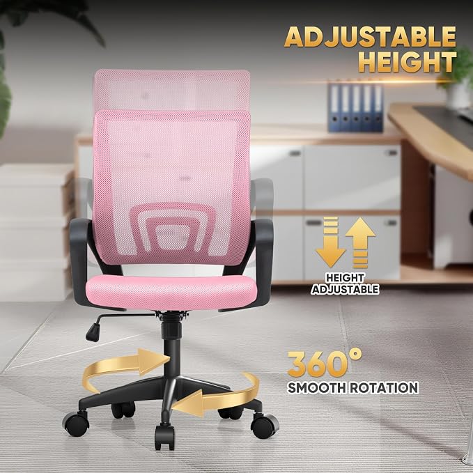 Magshion Ergonomic Office Chair 10 Pack, Mid-Back Mesh Desk Chair, Adjustable Swivel Computer Chair with Lumbar Support & Breathable Backrest for Gaming, Work, Study, 300 Lbs Capacity, Pink