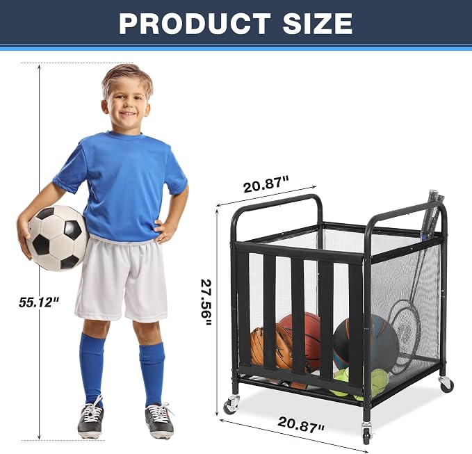 STO STO 2 Pack Rolling Sports Ball Storage Cart, Lockable Basketball Cage with Elastic Straps, Sport Equipment Holder Organizer for Indoor Outdoor, Steel Storage Rack for Playgroud and Gym, Black