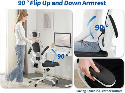 TRALT Ergonomic Office Chair - Desk Chair with Adjustable Headrest Lumbar Support Computer Chair - Mesh Comfy Chair with Flip-up Armrests - Gaming Chairs for Adults Home Office (Leather, Black White)
