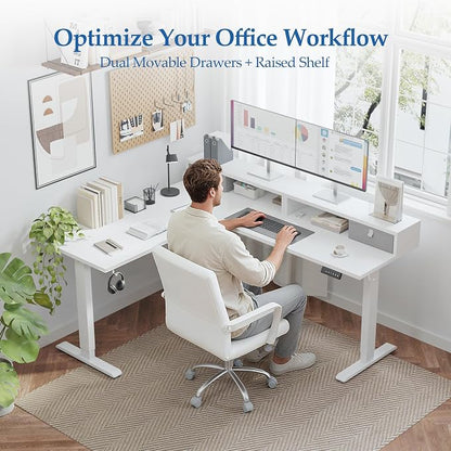 Klicelor L Shaped Electric Standing Desk 63 x 55.1 inch with Shelf, Height Adjustable Corner Desk, Sit Stand Desk with Storage Shelf, Home Office Computer Table, White