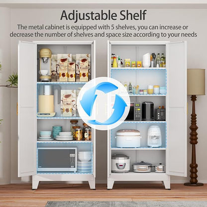 White Metal Storage Cabinet,75" Steel Cabinets for Home Office, Kitchen Pantry Storage Cabinet with Doors and 5 Adjustable Shelves, Tool Cabinets, for Office, Home, Garage, School