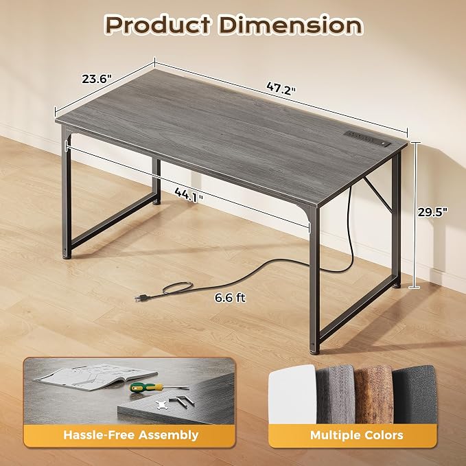 PRAISUN 47 X 24 Inch Computer Desk with Power Outlets & USB-C Port, Office Desk with Deeper Desktop, Study, Bedroom, Writing Work from Home Table, Metal Frame, Grey