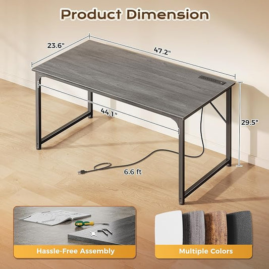 PRAISUN 47 X 24 Inch Computer Desk with Power Outlets & USB-C Port, Office Desk with Deeper Desktop, Study, Bedroom, Writing Work from Home Table, Metal Frame, Grey