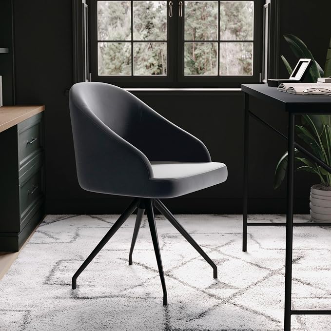 Martha Stewart Sora Stationary Swivel Task Chair with Sloped Arms for Home Office in Gray Velvet with Oil Rubbed Bronze Frame