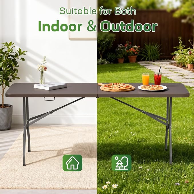 FDW 6 FT Folding Table, Portable Plastic Table with Carrying Handle Perfect for Indoor, Outdoor, Party, Dining, Wedding, Events, Camping, Brown