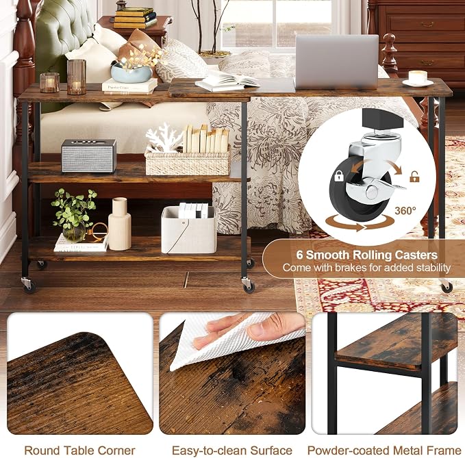 Tangkula Large 360° Free Rotating Sofa Side Table, Patented Mobile Couch Desk with 2-Tier Storage Shelves, Movable Laptop Desk with Sturdy Metal Frame, Extendable Couch Snack Table for Home Office