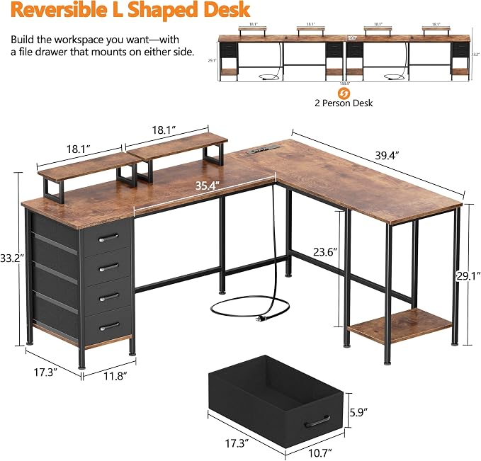 Korfile 66" L Shaped Computer Desk with Power Outlets, Home Office Desk with 4 Adjustable Storage Drawers & 2 Monitor Stands, Large Two Person Gaming Table for Writing Study, Rustic Brown