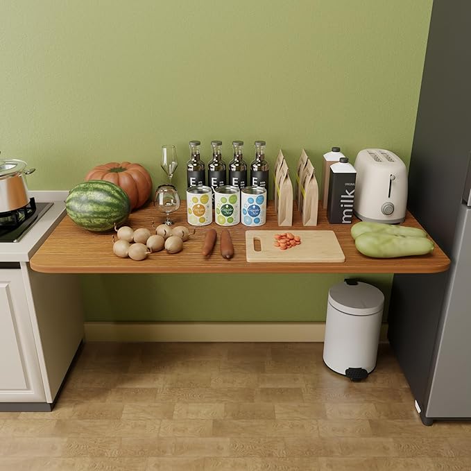 Dogsky Wall Mounted Folding Table (36x15.7 in) - 100LB Capacity Heavy Duty Wall Floating Desk, Space-Saving Workbench for Home Office, Laundry Room & Kitchen, Burlywood