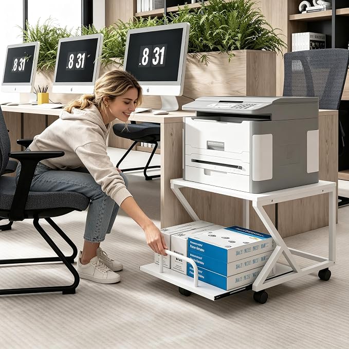 Natwind 2 Tier Printer Stand,19.7''x19.7'',with Pull Out Shelf,White | Easy Reach for Lower Shelf Items,Rolling Printer Cart with Wheels,Fits Under Desk,Supports 180lbs,for Home Office Kitchen