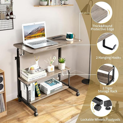 Karl home 31.5" Portable Rolling Desk on Wheels,Height Adjustable Standing Desk with 2 AC Outlets/3 USB Ports,Mobile Laptop Table with Hooks and Storage Shelves for Home Office，Grey Oak
