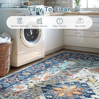 Lofus 3x5 Area Rugs for Living Room, Machine Washable Area Rug, Soft Small Rugs for Bedroom, Kitchen, Office and Indoor, Vintage Boho Carpet, Non-Slip Low Pile Carpets, Floral Blue